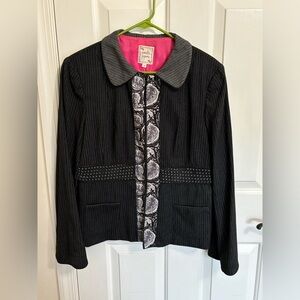 Nanette Lepore women’s black & white striped blazer w/paisley.Size 12 pink lined